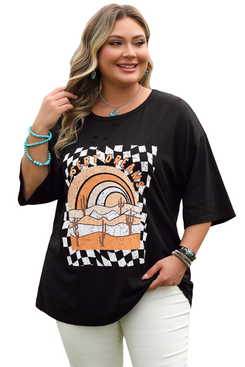 Black Checkered DESERT DREAMS Plus Size Ripped Tee - Love Salve