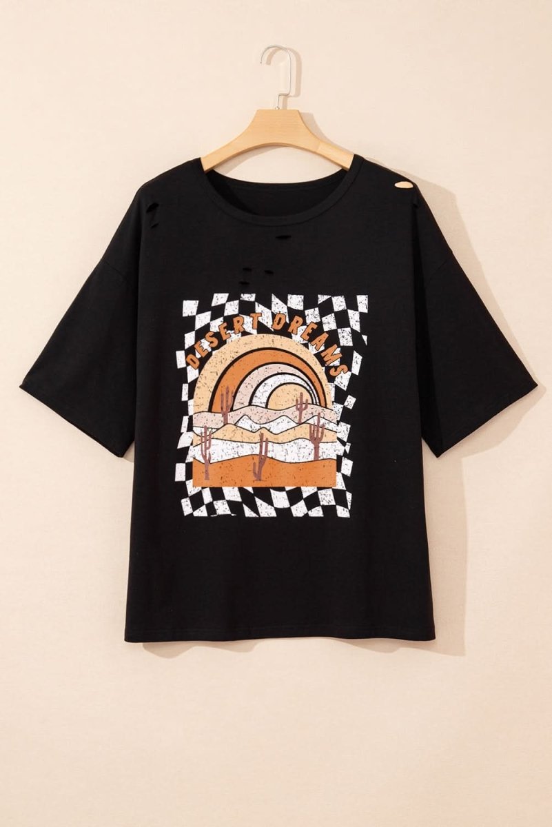 Black Checkered DESERT DREAMS Plus Size Ripped Tee - Love Salve