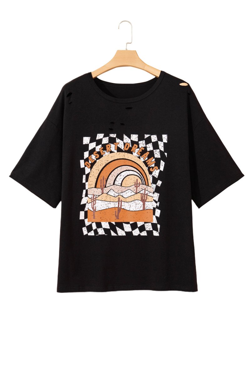 Black Checkered DESERT DREAMS Plus Size Ripped Tee - Love Salve