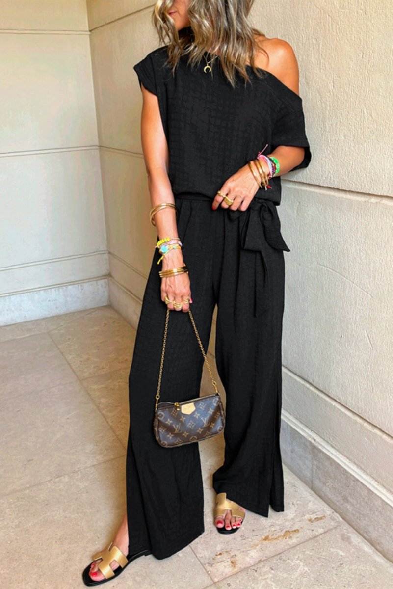 Black Checkered Mesh One Shoulder Short Sleeve Jumpsuit - Love Salve