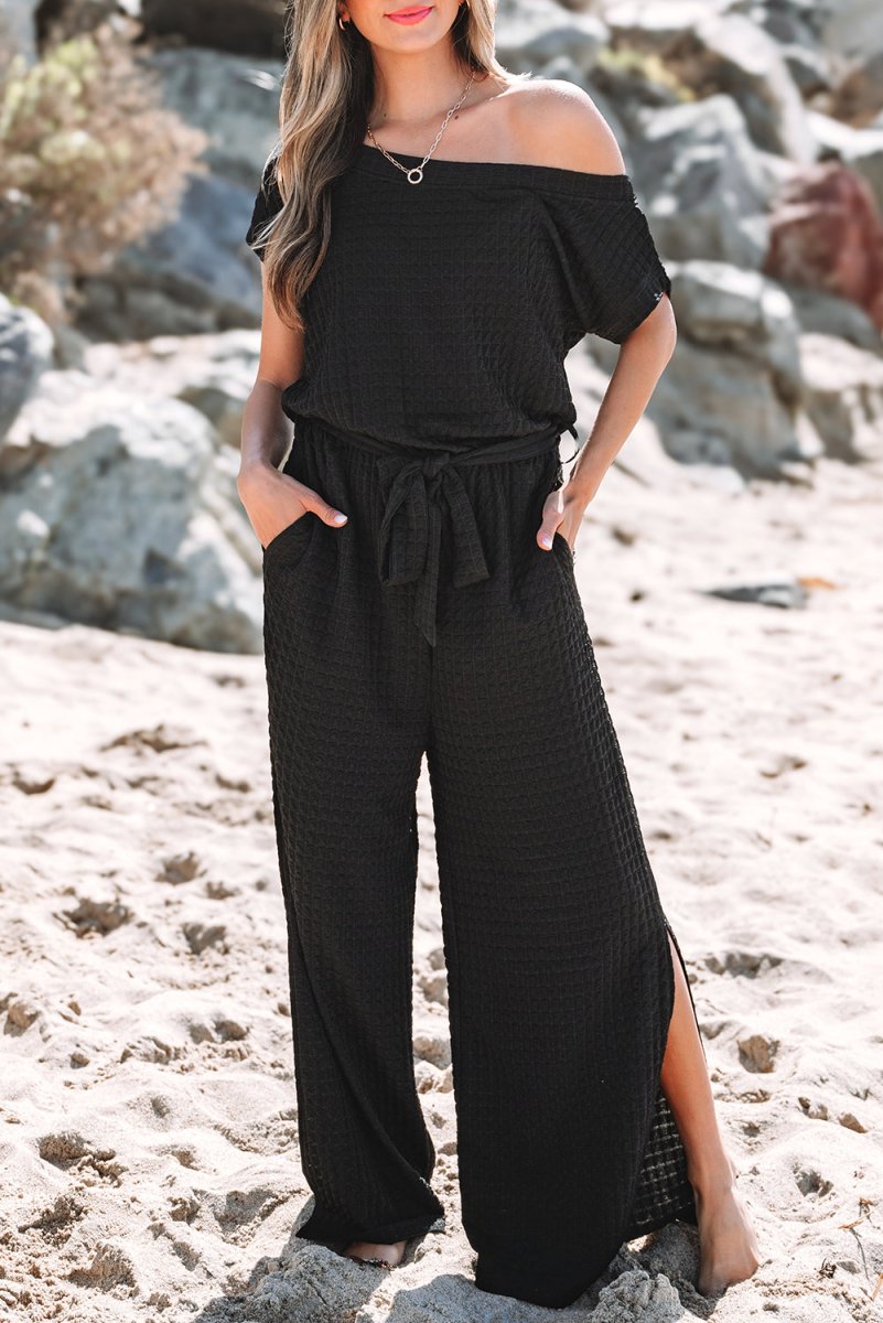 Black Checkered Mesh One Shoulder Short Sleeve Jumpsuit - Love Salve