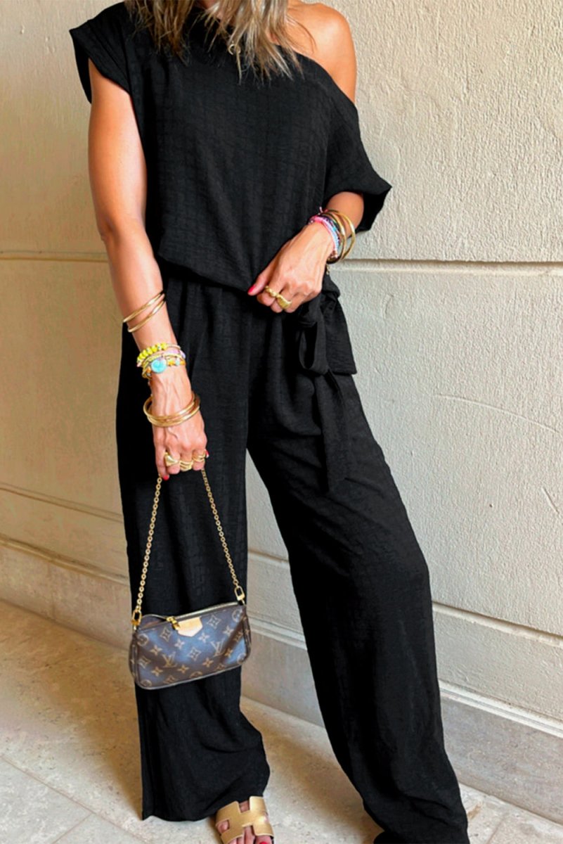 Black Checkered Mesh One Shoulder Short Sleeve Jumpsuit - Love Salve