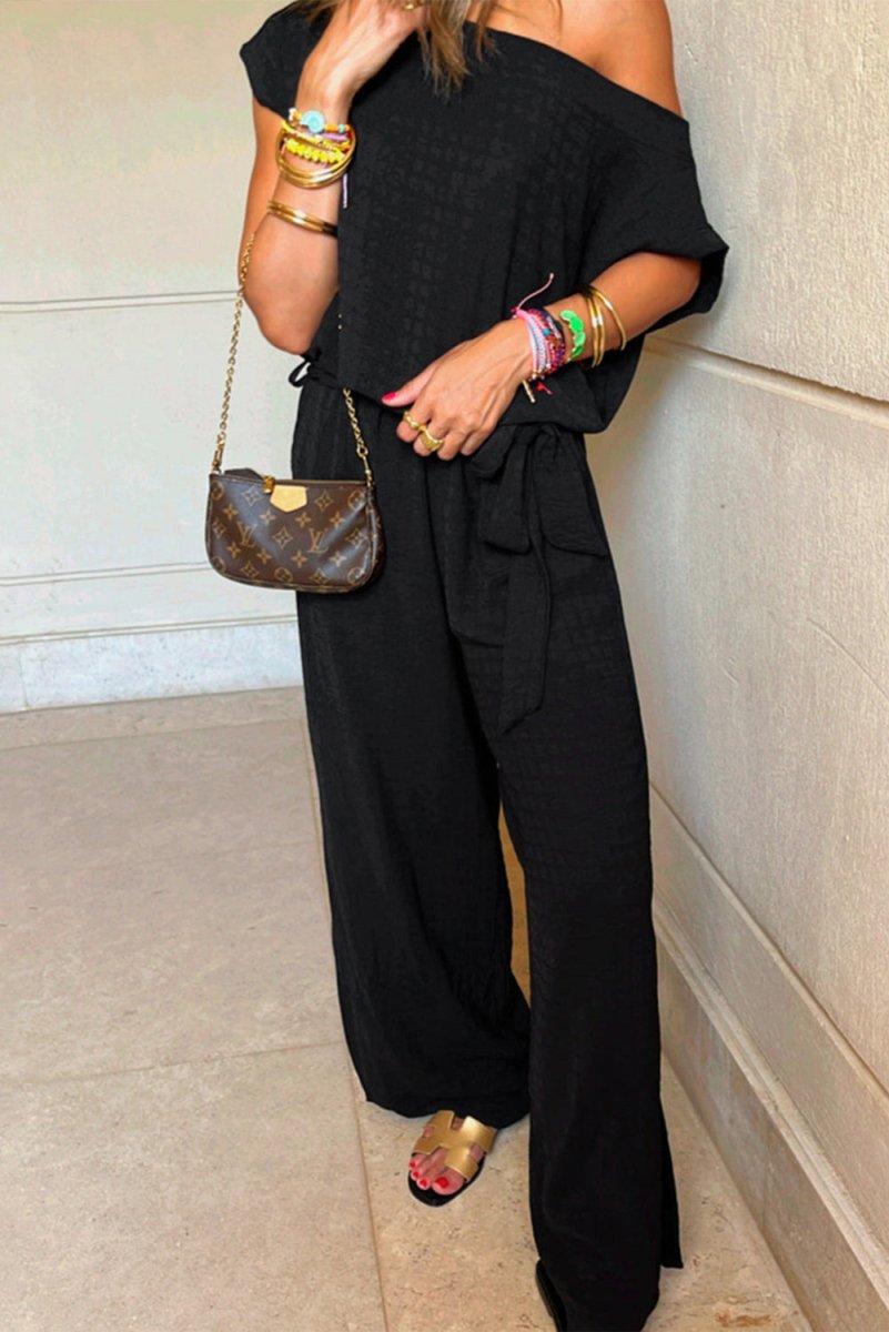 Black Checkered Mesh One Shoulder Short Sleeve Jumpsuit - Love Salve