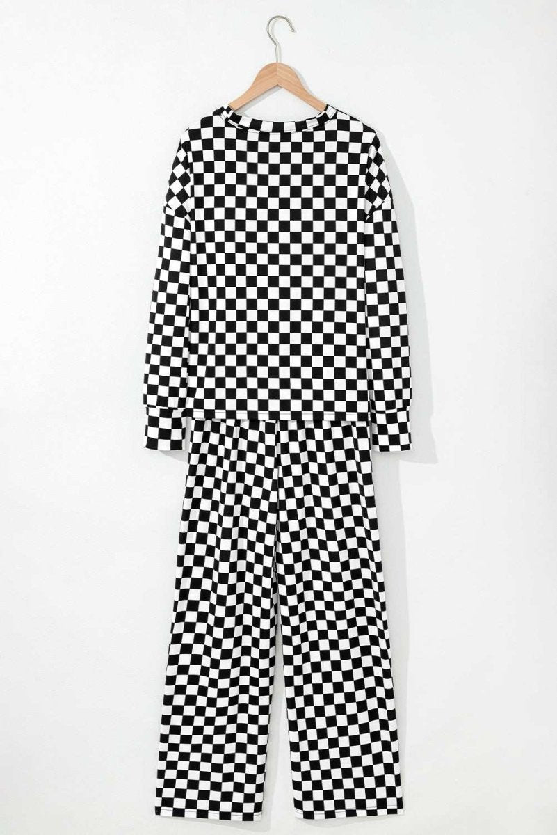 Black Checkered Print Long Sleeve Top and Pants Lounge Set - Love Salve
