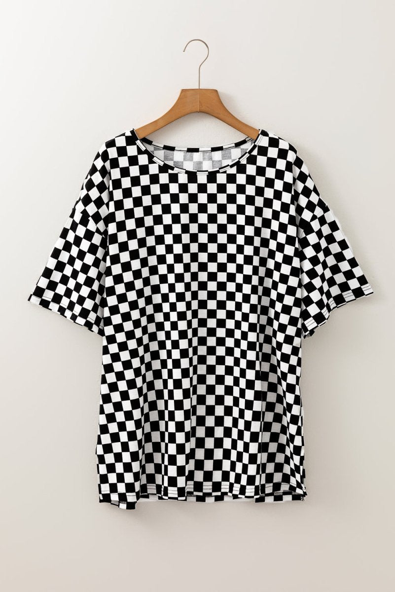 Black Checkered Print Side Slits O Neck Plus Size T Shirt for Women - Love Salve