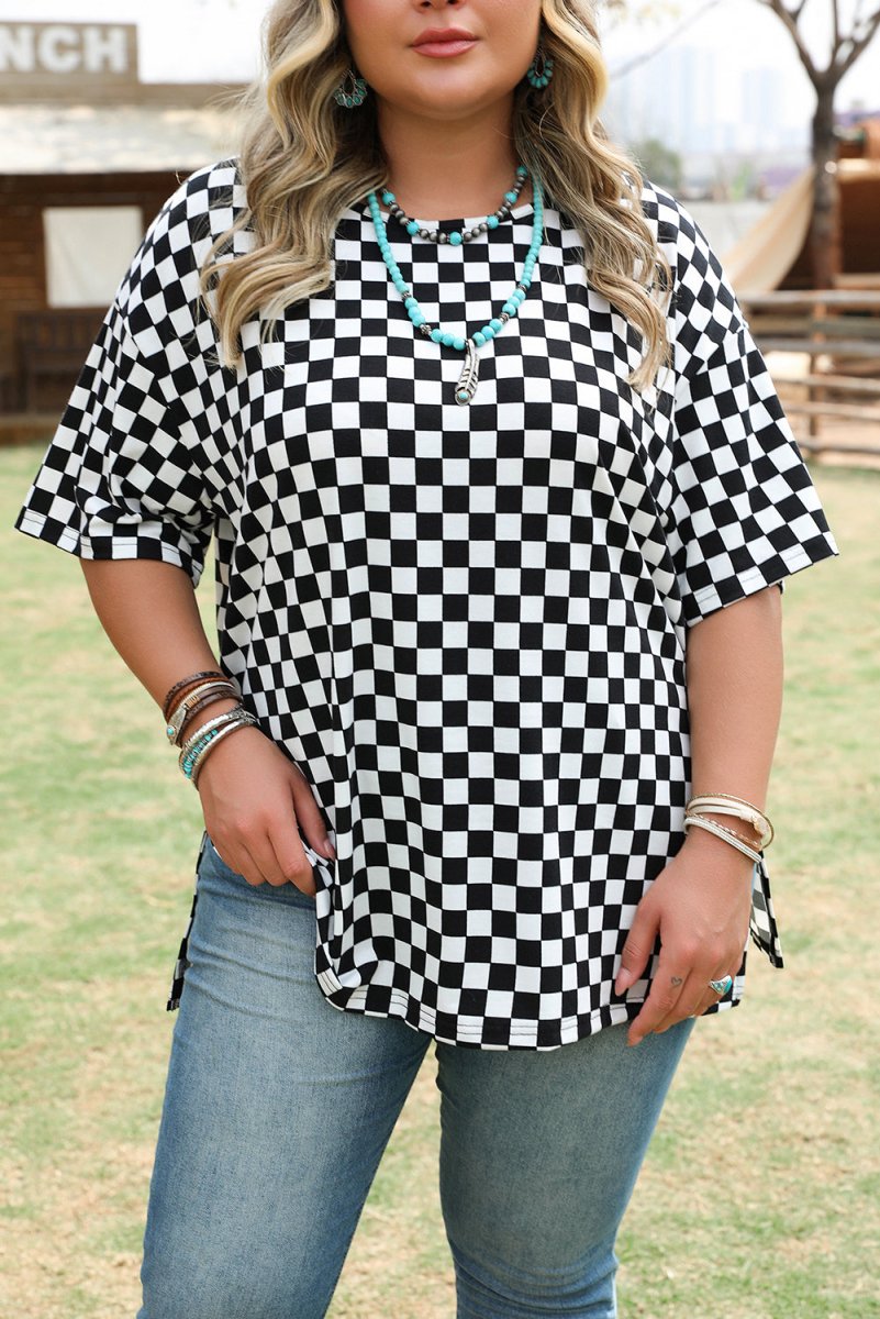 Black Checkered Print Side Slits O Neck Plus Size T Shirt for Women - Love Salve