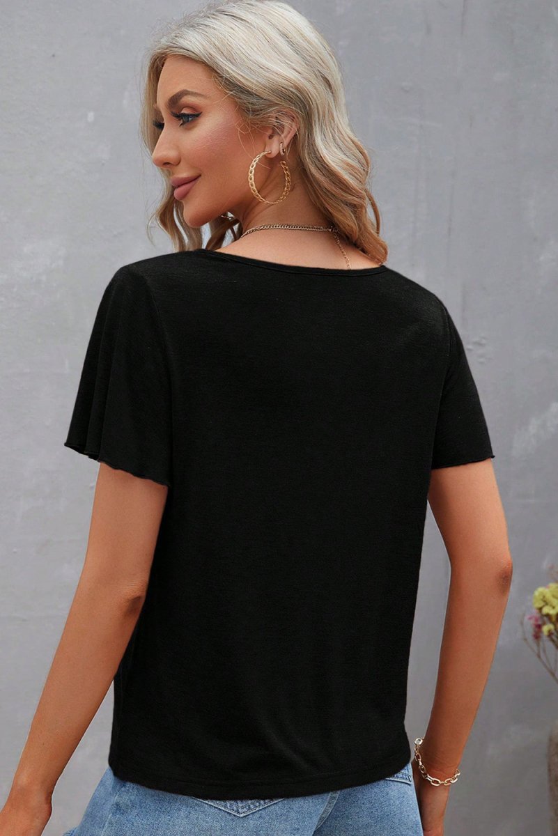 Black Crisscross V Neck Butterfly Sleeve T Shirt for Women - Love Salve