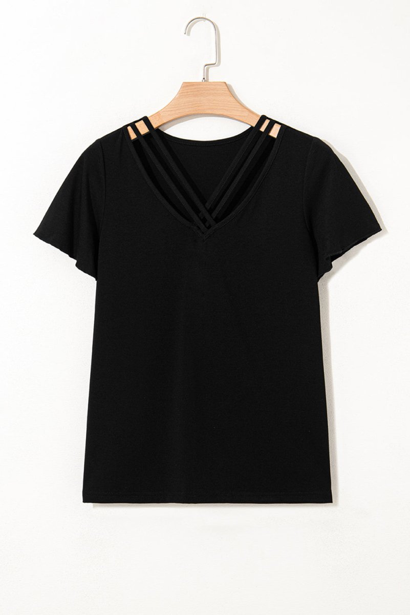 Black Crisscross V Neck Butterfly Sleeve T Shirt for Women - Love Salve