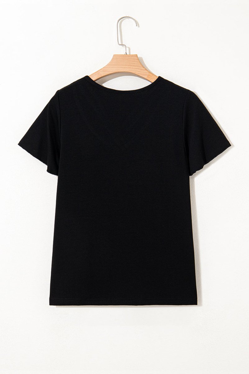 Black Crisscross V Neck Butterfly Sleeve T Shirt for Women - Love Salve