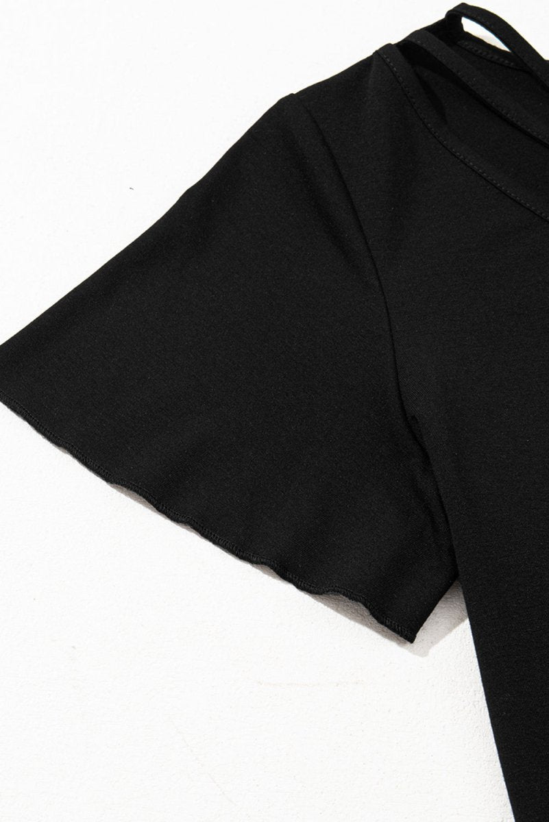 Black Crisscross V Neck Butterfly Sleeve T Shirt for Women - Love Salve