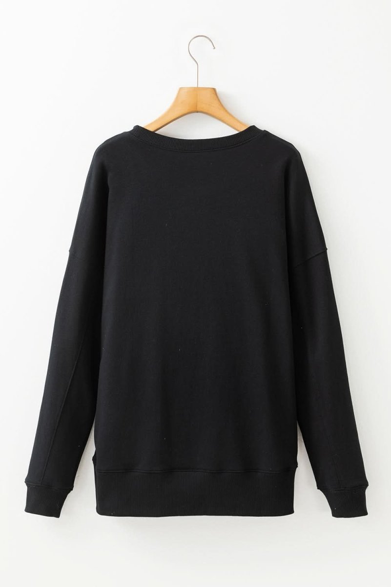 Black Drop Shoulder Crisscross Stitching Pocketed Loose Sweatshirt - Love Salve