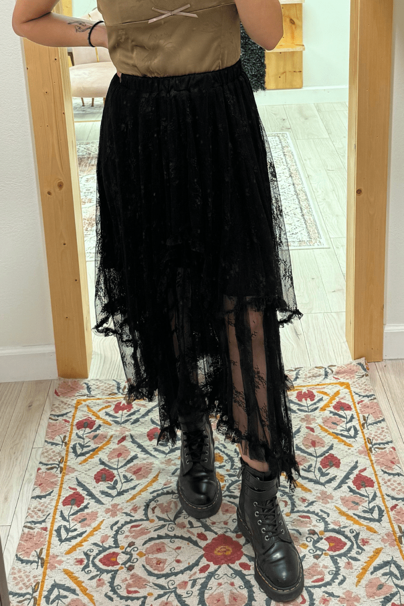 Black Lace Cascading Tiered High Waist Maxi Skirt Women - Love Salve