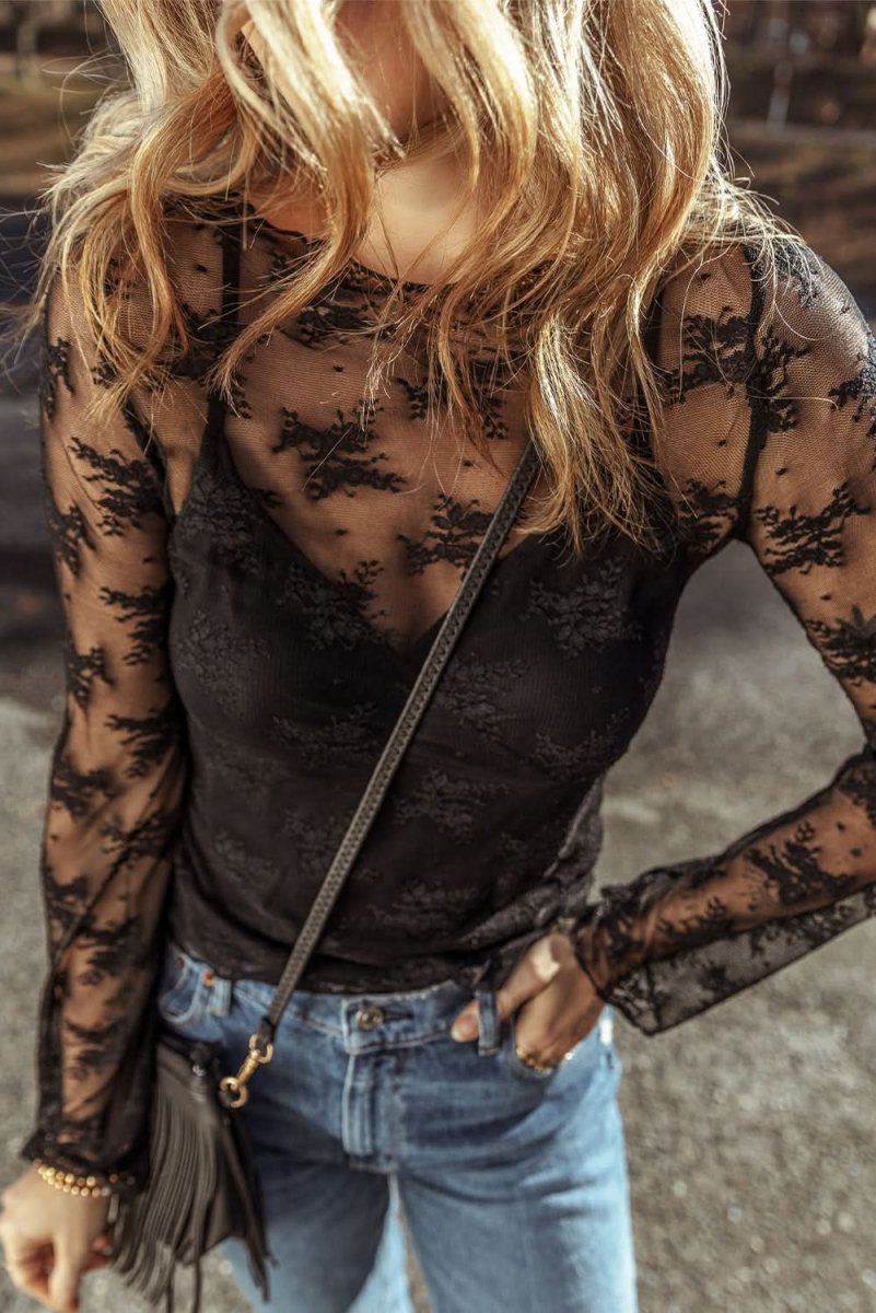 Black Lace Mesh Crochet Splicing Slim Fit Long Sleeve Blouse - Love Salve