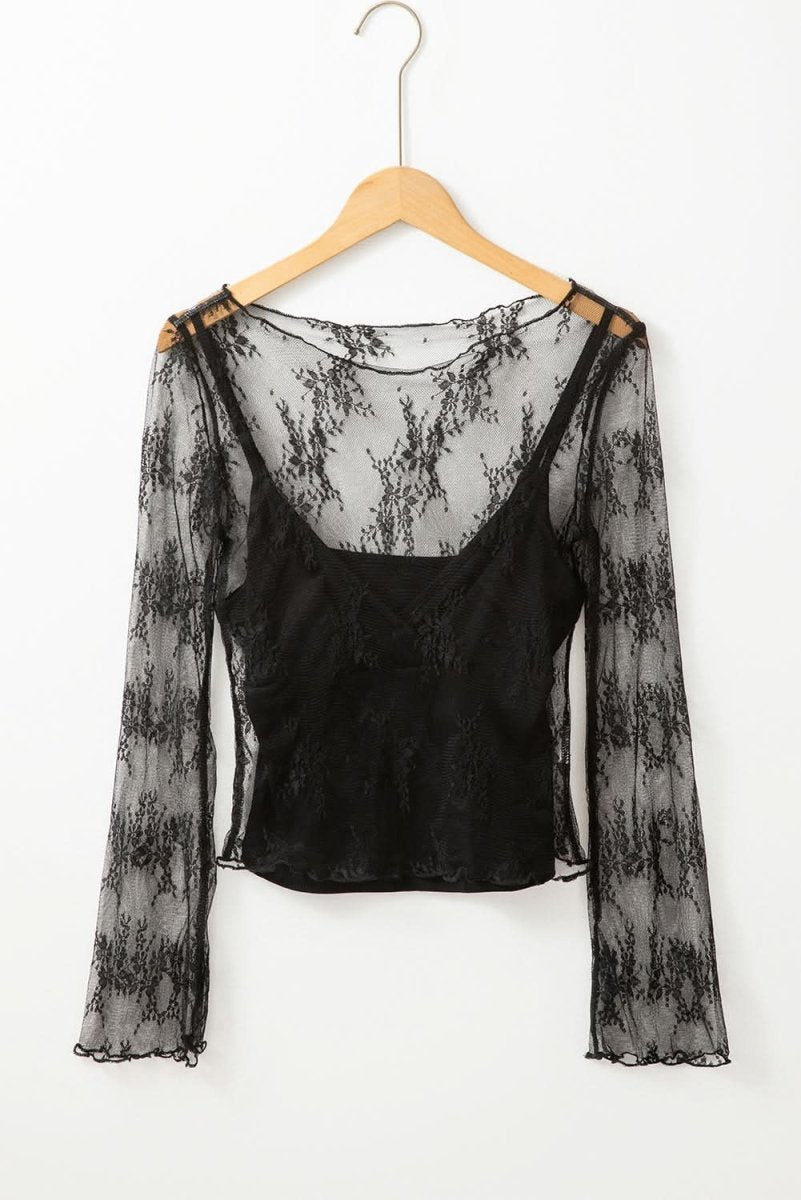 Black Lace Mesh Crochet Splicing Slim Fit Long Sleeve Blouse - Love Salve