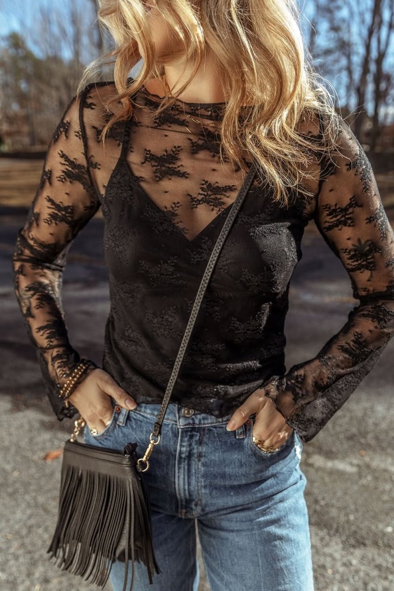 Black Lace Mesh Crochet Splicing Slim Fit Long Sleeve Blouse - Love Salve