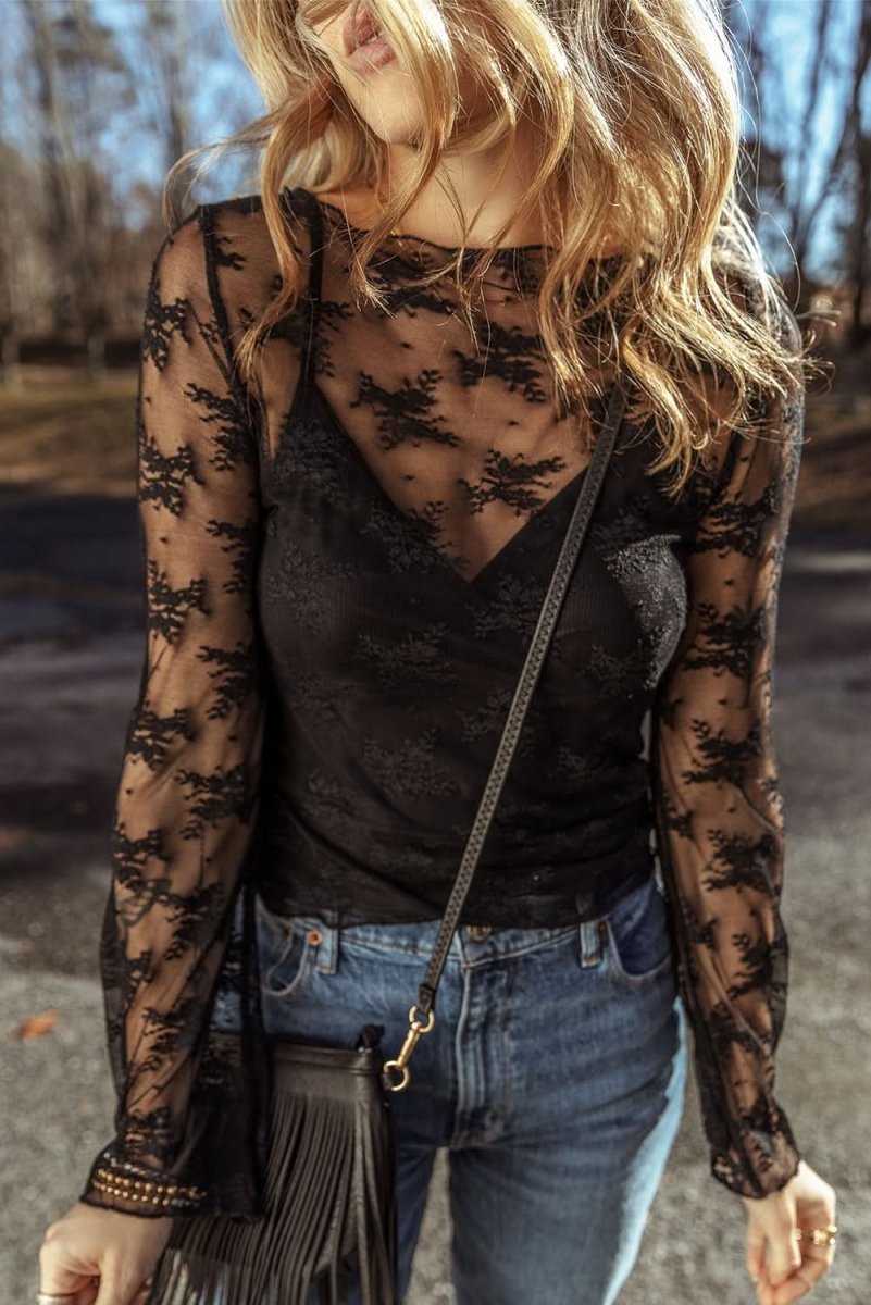 Black Lace Mesh Crochet Splicing Slim Fit Long Sleeve Blouse - Love Salve