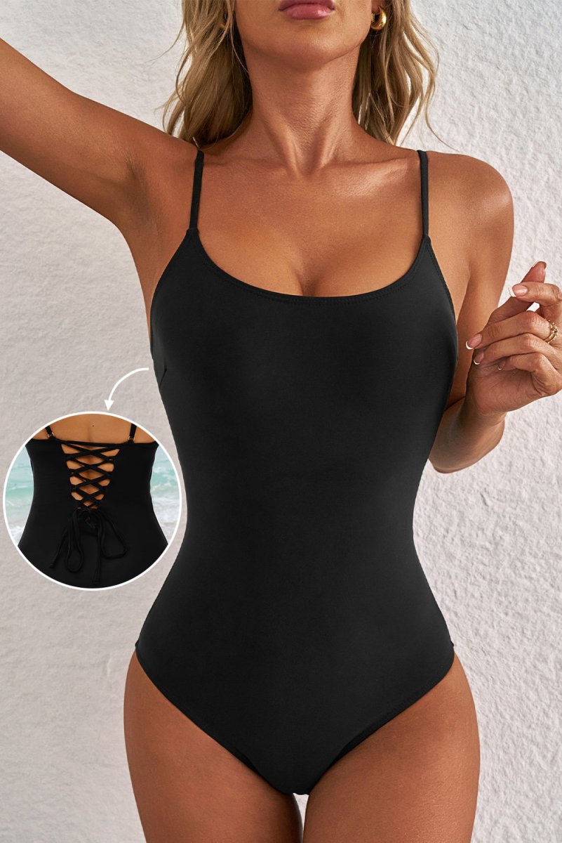 Black Lace-Up Back Strappy One-Piece Swimsuit with Thin Straps - Love Salve