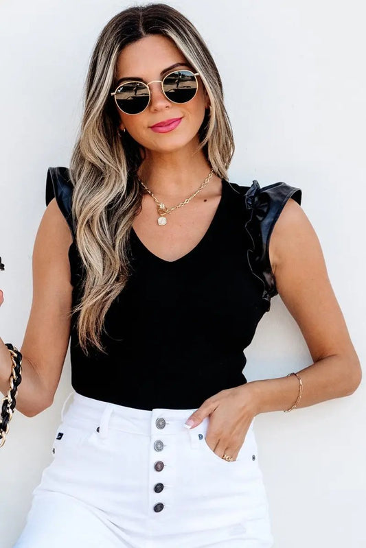 Black Leatherette Ruffle Patchwork Ribbed V Neck Bodysuit - Love Salve