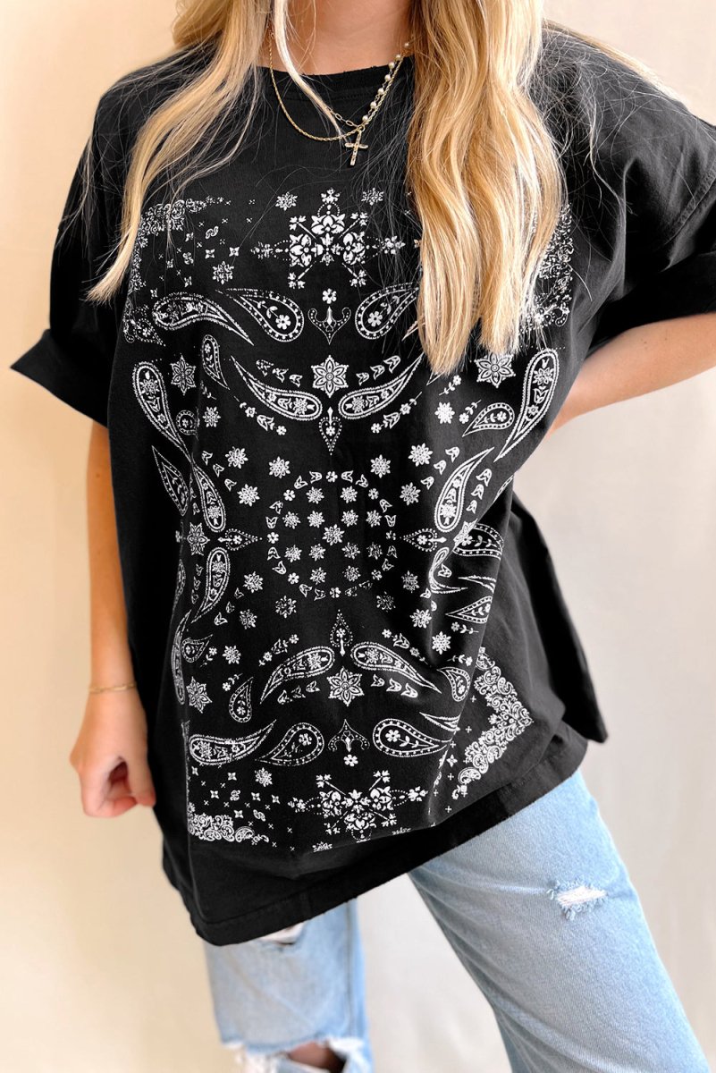 Black Paisley Print Crew Neck Loose Fit Tunic Tee for Women - Love Salve