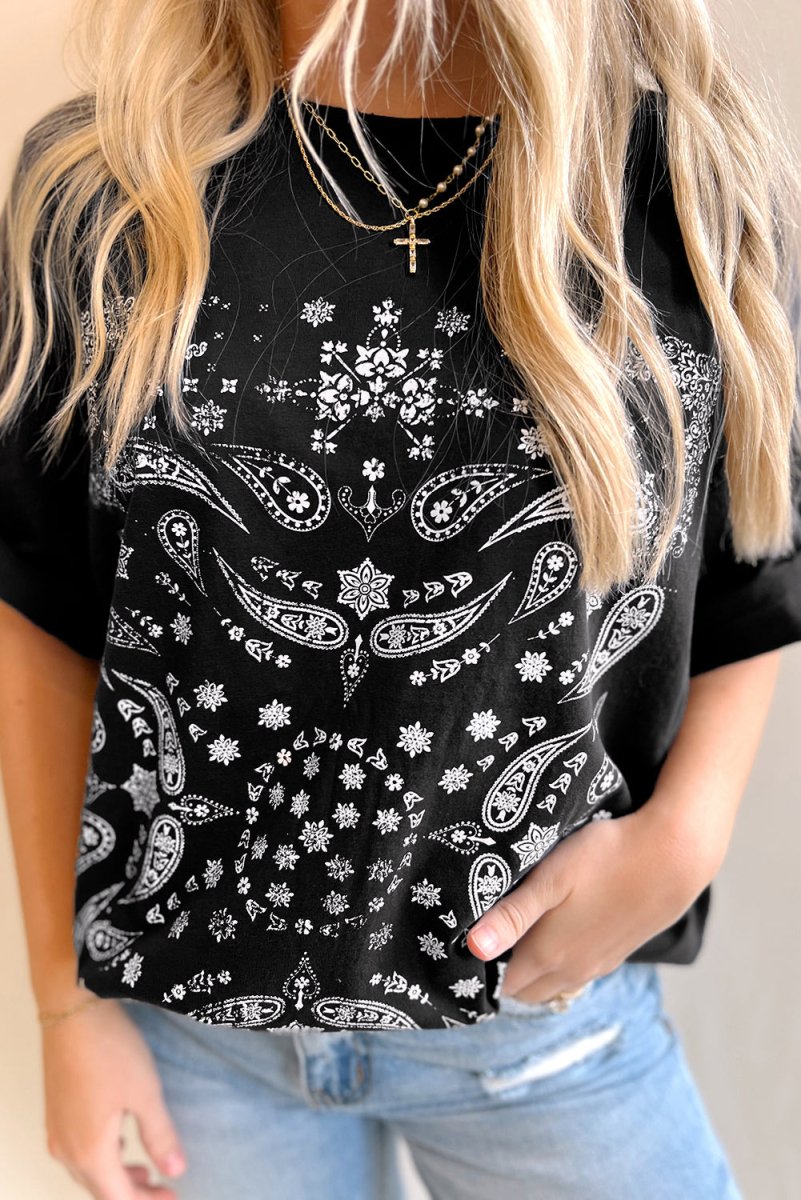 Black Paisley Print Crew Neck Loose Fit Tunic Tee for Women - Love Salve