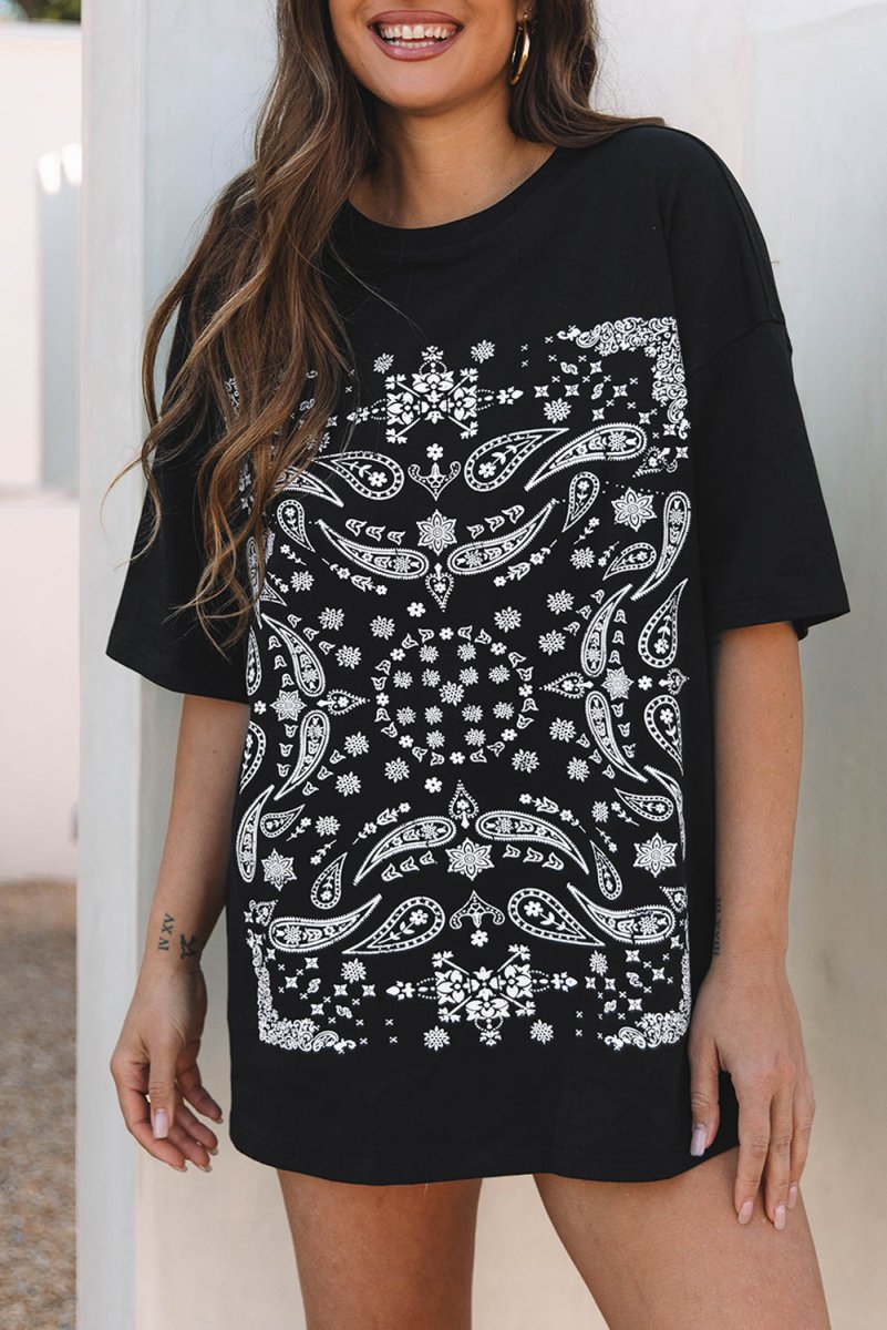 Black Paisley Print Crew Neck Loose Fit Tunic Tee for Women - Love Salve