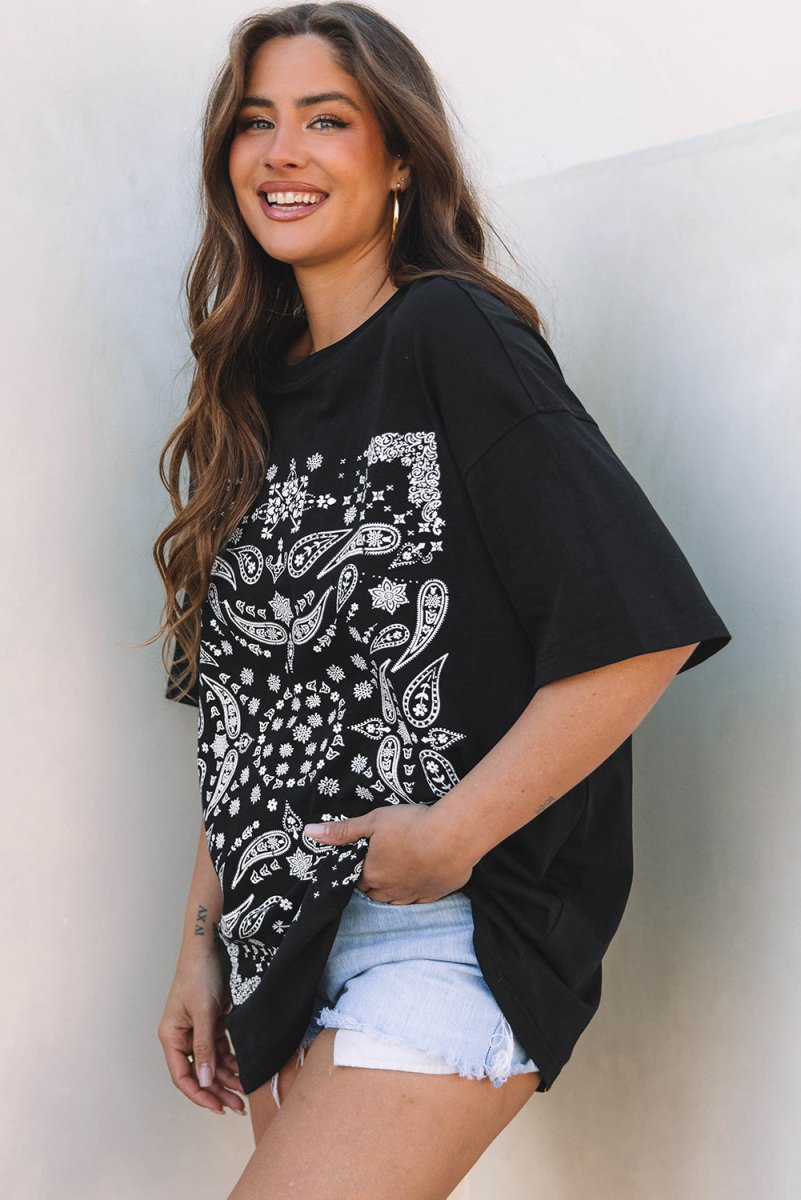 Black Paisley Print Crew Neck Loose Fit Tunic Tee for Women - Love Salve