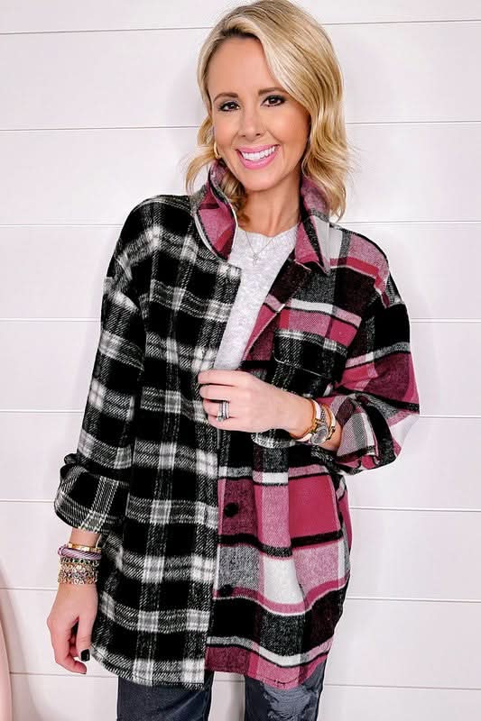 Black Plaid Colorblock Loose Shacket - Love Salve
