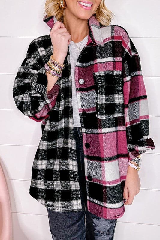 Black Plaid Colorblock Loose Shacket - Love Salve