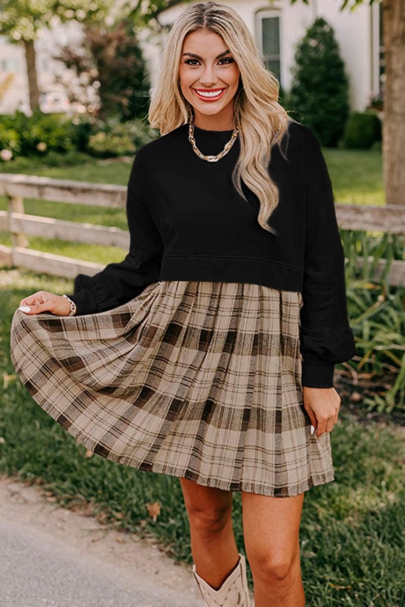 Black Plaid Patchwork High Waist Sweatshirt Mini Dress - Love Salve