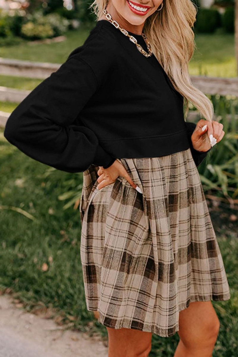 Black Plaid Patchwork High Waist Sweatshirt Mini Dress - Love Salve