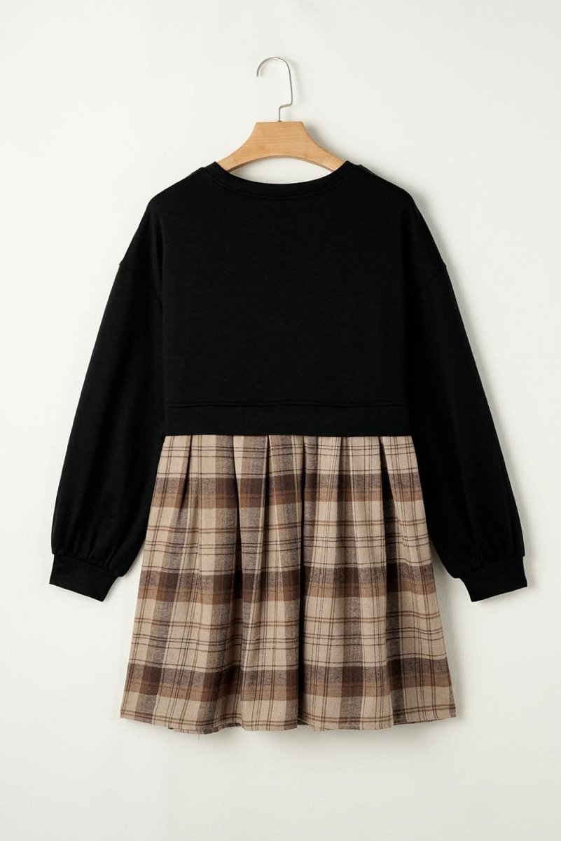 Black Plaid Patchwork High Waist Sweatshirt Mini Dress - Love Salve