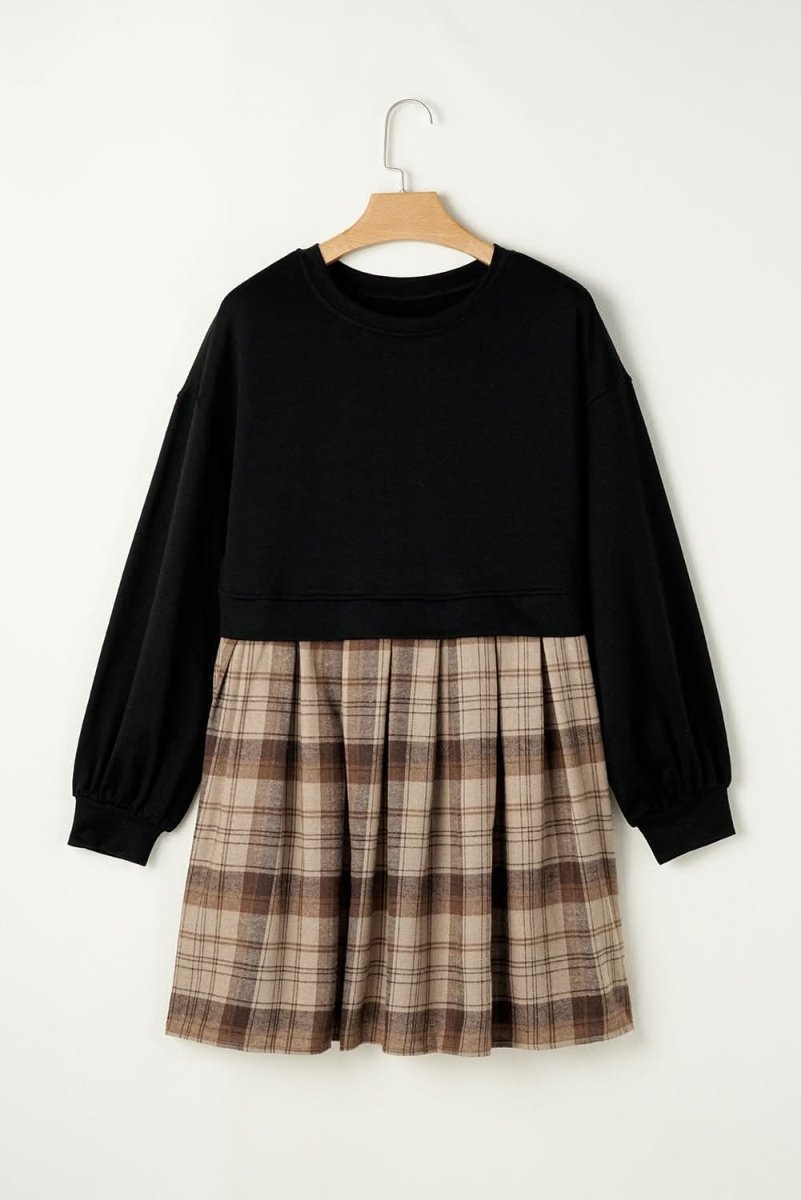Black Plaid Patchwork High Waist Sweatshirt Mini Dress - Love Salve