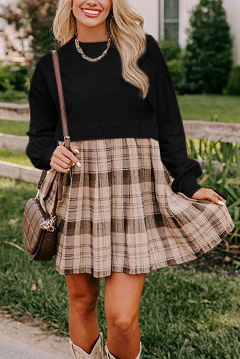 Black Plaid Patchwork High Waist Sweatshirt Mini Dress - Love Salve