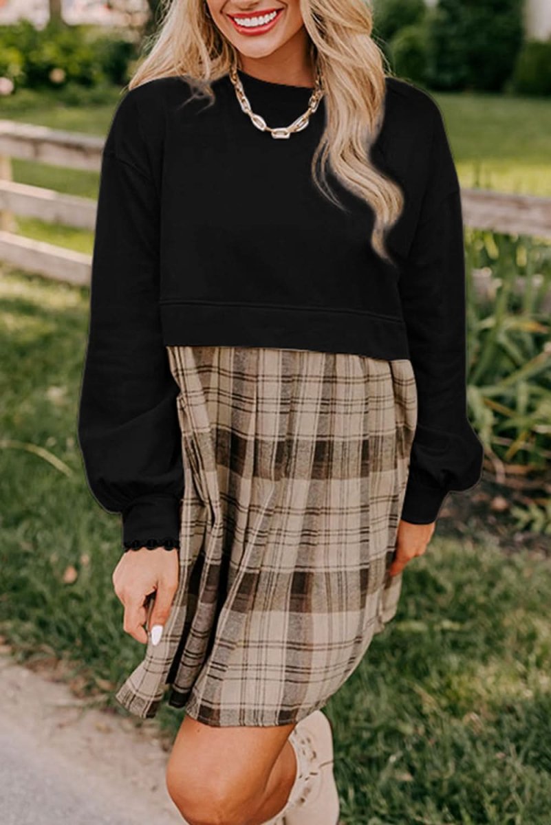 Black Plaid Patchwork High Waist Sweatshirt Mini Dress - Love Salve