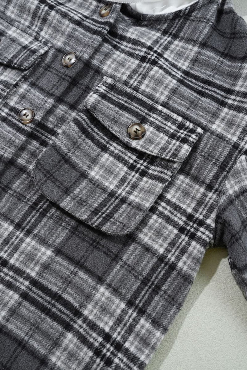 Black Plaid Print Flap Pockets Contrast Hooded Loose Shacket - Love Salve