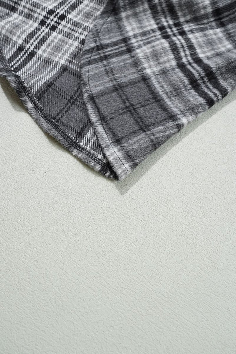 Black Plaid Print Flap Pockets Contrast Hooded Loose Shacket - Love Salve