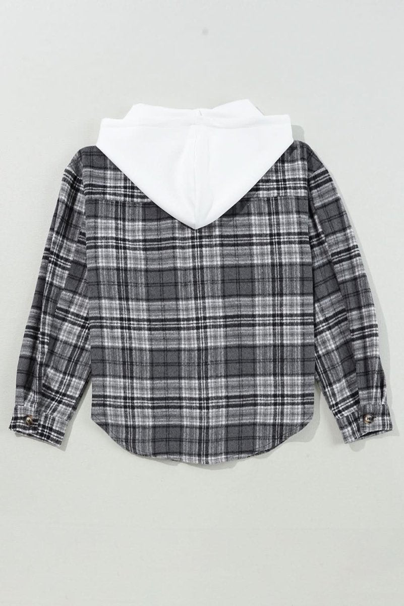 Black Plaid Print Flap Pockets Contrast Hooded Loose Shacket - Love Salve
