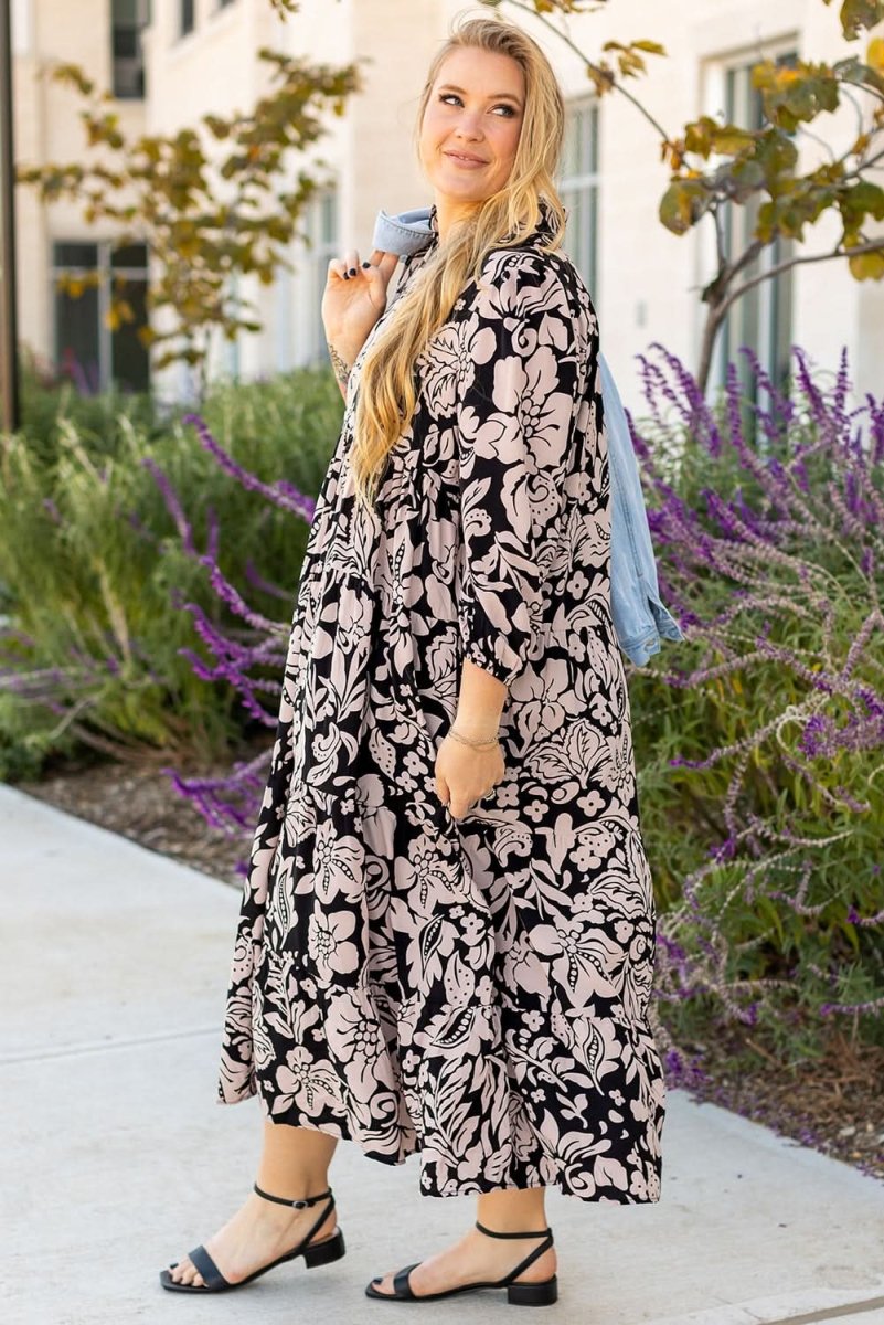 Black Plus Size Floral Printed Puff Sleeve Collared Maxi Dress - Love Salve