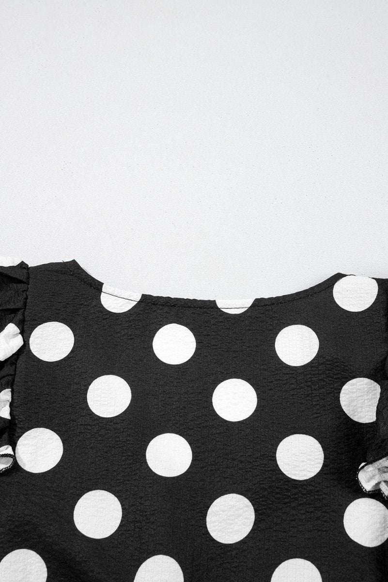 Black Polka Dot Print Ruffled Sleeve V Neck Blouse for Women - Love Salve