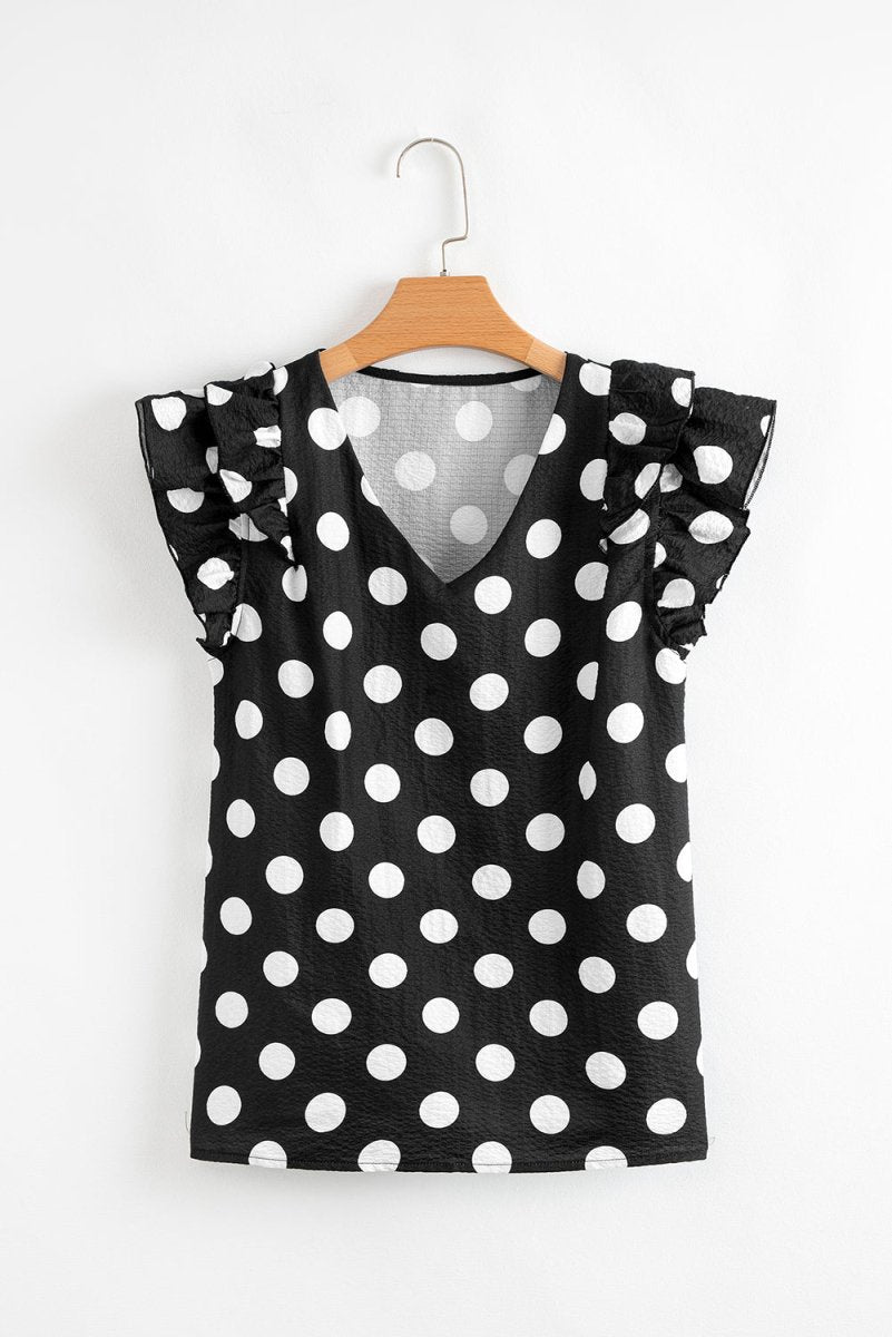 Black Polka Dot Print Ruffled Sleeve V Neck Blouse for Women - Love Salve