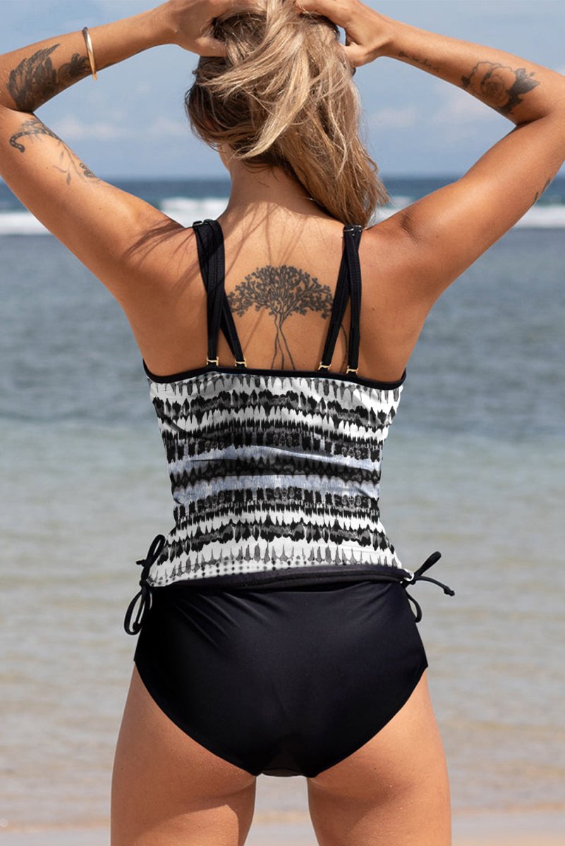 Black Printed Double Straps Printed Tankini Top with Shorts - Love Salve