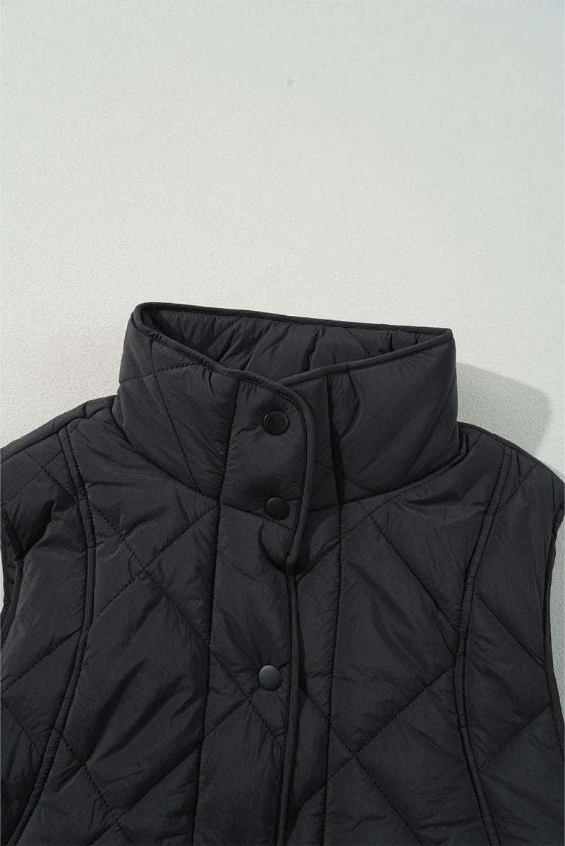 Black Quilted High Neck Button Up Pocket Vest Coat - Love Salve