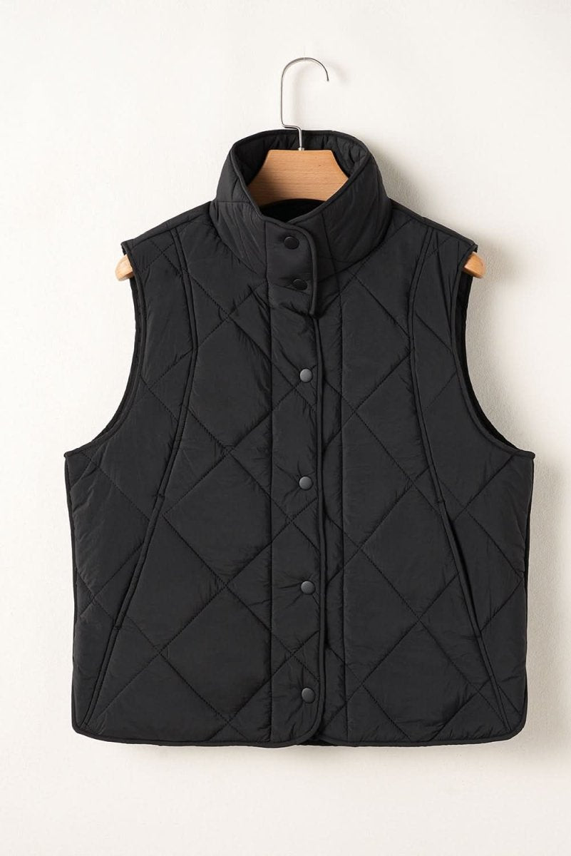 Black Quilted High Neck Button Up Pocket Vest Coat - Love Salve