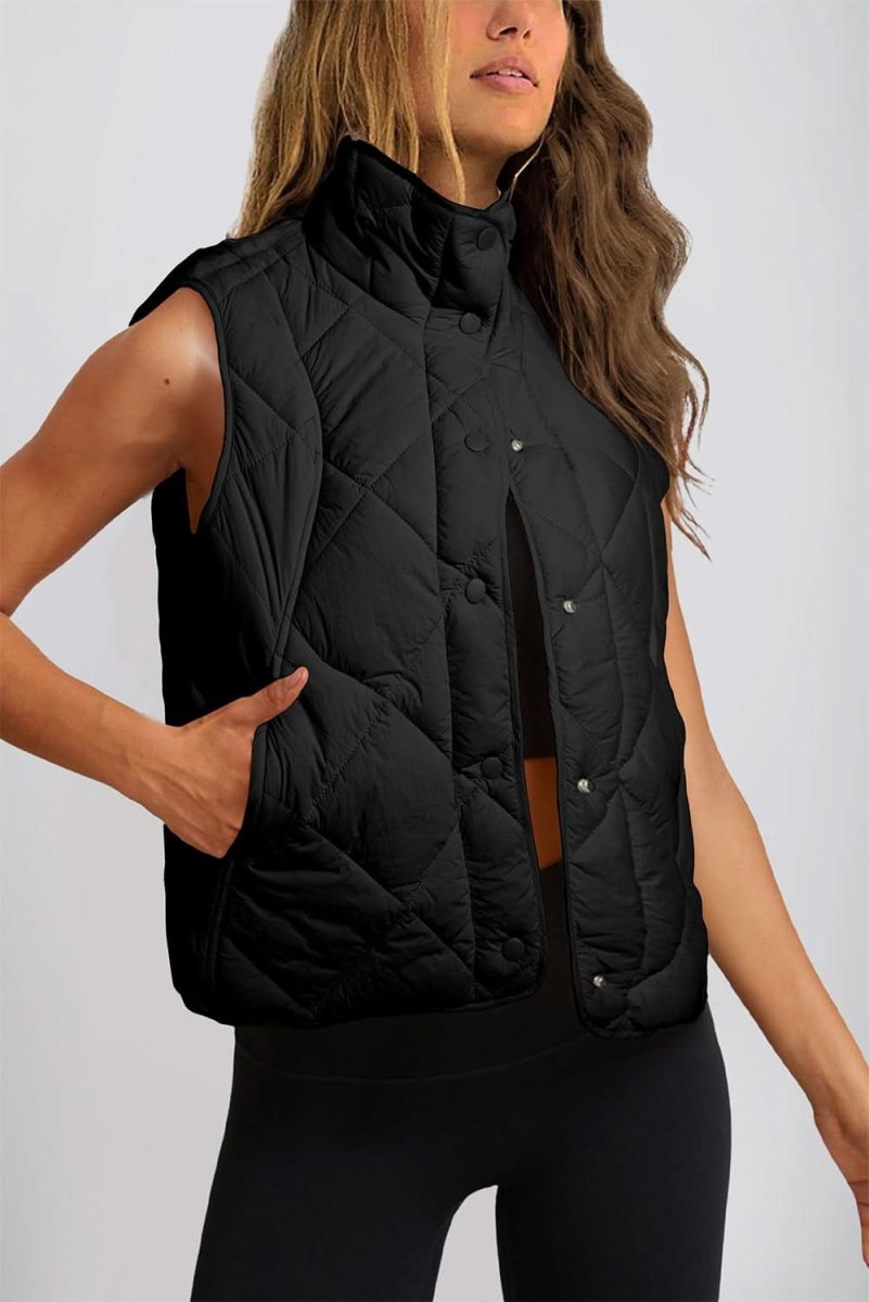 Black Quilted High Neck Button Up Pocket Vest Coat - Love Salve