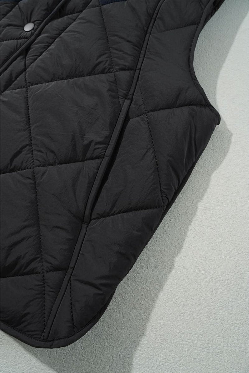 Black Quilted High Neck Button Up Pocket Vest Coat - Love Salve