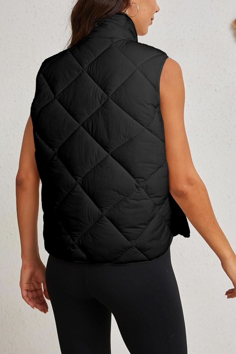 Black Quilted High Neck Button Up Pocket Vest Coat - Love Salve