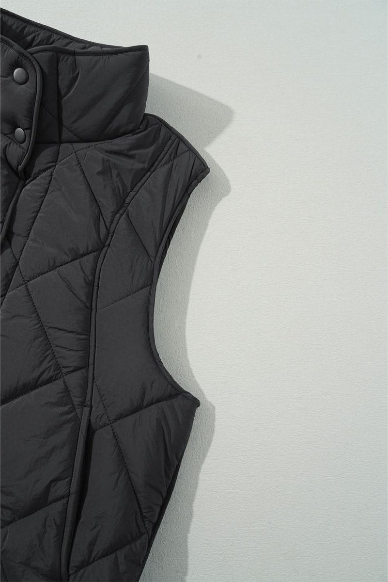 Black Quilted High Neck Button Up Pocket Vest Coat - Love Salve