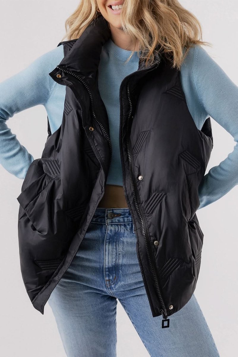 Black Quilted High Neck Zip Up Jacket Vest - Love Salve