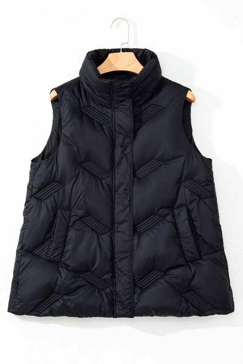 Black Quilted High Neck Zip Up Jacket Vest - Love Salve
