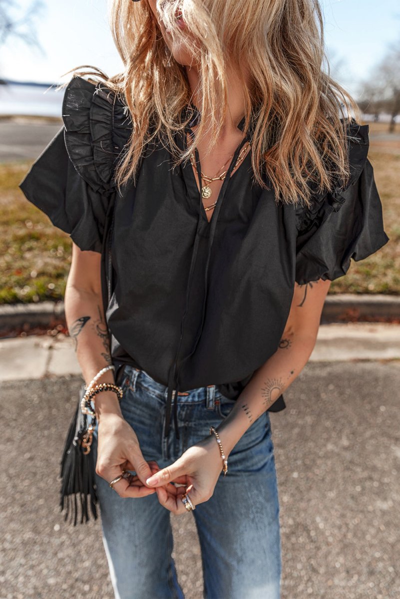 Black Ruffled Puff Short Sleeve Loose Blouse for Women - Love Salve